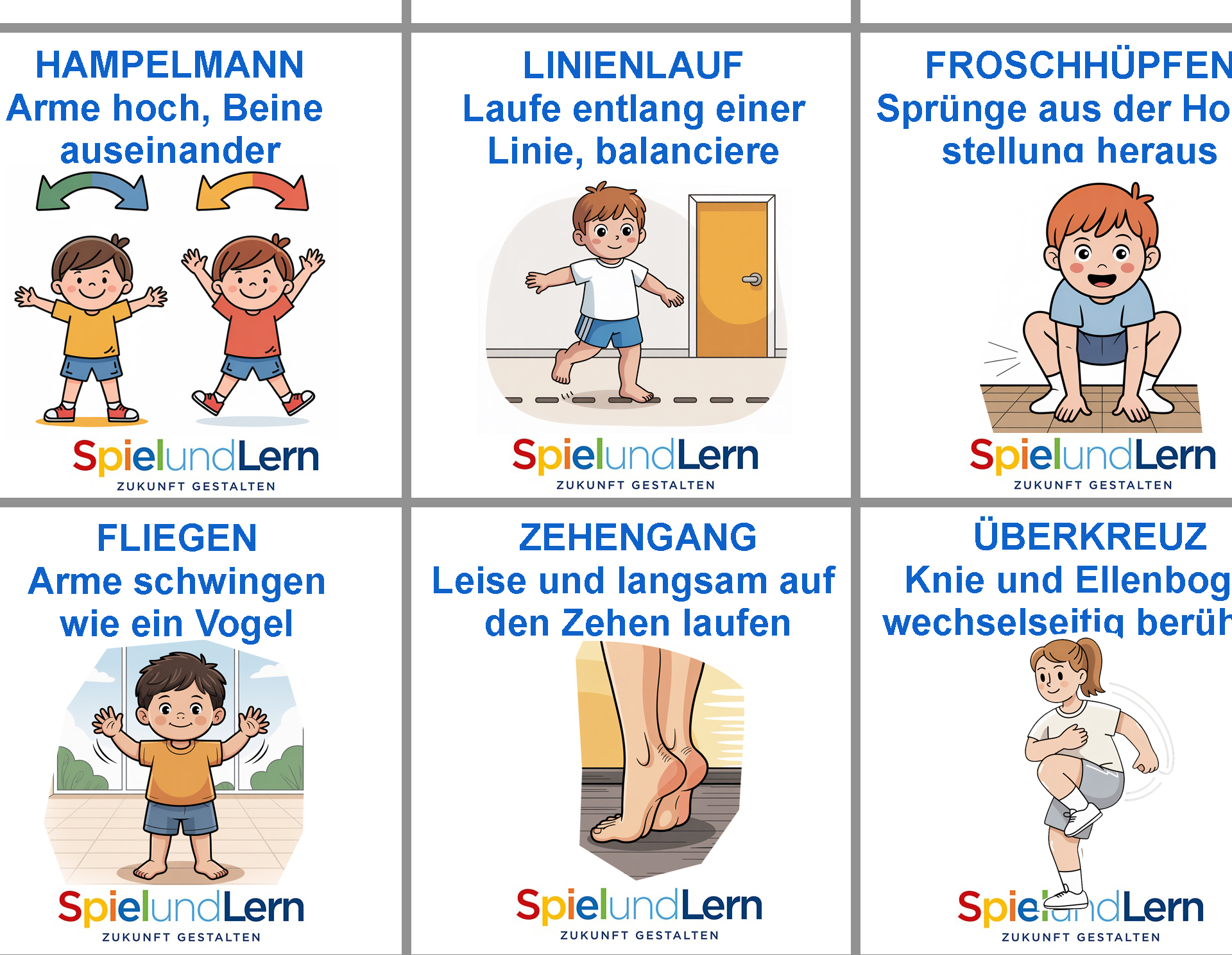 Illustration mit verschiedenen Bewegungsübungen für Kinder, darunter Hampelmann, Linienlauf, Froschhüpfen, Fliegen, Zehengang und Überkreuz. Jede Übung wird durch eine kurze Anleitung und eine entsprechende Grafik veranschaulicht, um die motorischen Fähigkeiten und das Gleichgewicht zu fördern.