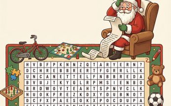 Der Weihnachtsmann sitzt in einem Sessel und betrachtet nachdenklich eine lange Liste. Um ihn herum sind verschiedene Spielzeuge wie ein Fahrrad, ein Schachbrett und ein Teddybär zu sehen. Im Hintergrund befindet sich ein Wortsuchspiel mit Buchstaben.