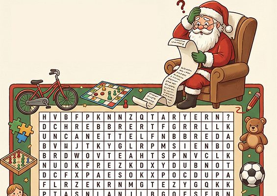 Der Weihnachtsmann sitzt in einem Sessel und betrachtet nachdenklich eine lange Liste. Um ihn herum sind verschiedene Spielzeuge wie ein Fahrrad, ein Schachbrett und ein Teddybär zu sehen. Im Hintergrund befindet sich ein Wortsuchspiel mit Buchstaben.