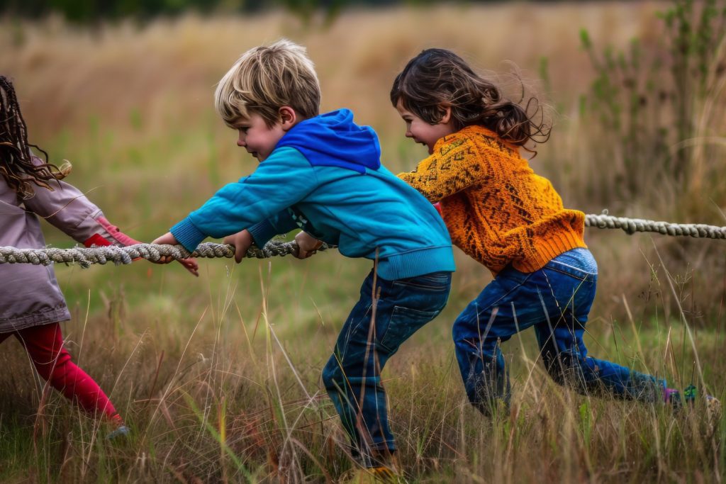Drei Kinder ziehen gemeinsam an einem Seil in einer Wiese, während sie lachen und spielen. Die Kinder tragen bunte Kleidung, darunter ein blauer und ein orangefarbener Pullover. Die Szene vermittelt Freude und Teamgeist in der Natur.