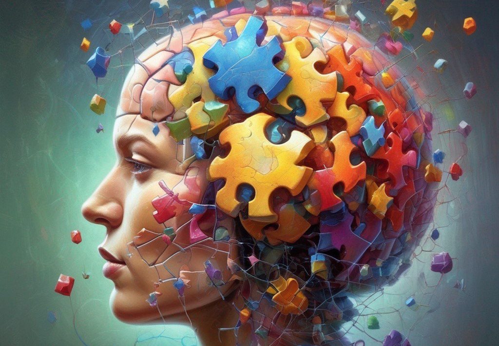 Kreative Darstellung eines menschlichen Kopfes, dessen Gehirn aus bunten Puzzlestücken besteht, die mit feinen Fäden verbunden sind. Die Komposition symbolisiert komplexe Gedanken und kreative Prozesse.