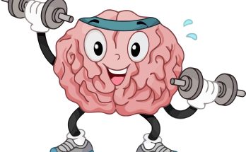 Ein fröhliches, cartoonhaftes Gehirn trainiert mit Hanteln, trägt Sportkleidung und hat ein Handtuch um den Kopf. Ideal zur Veranschaulichung von mentalem Training und Fitness.