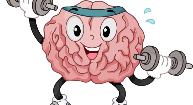 Ein fröhliches, cartoonhaftes Gehirn trainiert mit Hanteln, trägt Sportkleidung und hat ein Handtuch um den Kopf. Ideal zur Veranschaulichung von mentalem Training und Fitness.