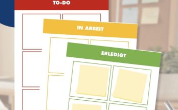 Organisationshilfen für Aufgabenmanagement: Übersichtliche To-Do-Listen mit den Kategorien „To-Do“, „In Arbeit“ und „Erledigt“ auf einem Schreibtisch.