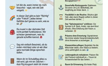 Eine informative Erste-Hilfe-Karte zur Trauerbegleitung in Schulen, die Strategien für Lehrkräfte bietet, um Schüler in Trauersituationen zu unterstützen. Die Vorderseite enthält einfühlsame Worte und Hinweise zur emotionalen Begleitung, während die Rückseite prozessorientierte Schritte zur effektiven Unterstützung von betroffenen Kindern auflistet.