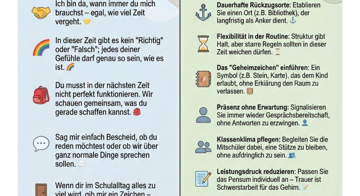 Eine informative Erste-Hilfe-Karte zur Trauerbegleitung in Schulen, die Strategien für Lehrkräfte bietet, um Schüler in Trauersituationen zu unterstützen. Die Vorderseite enthält einfühlsame Worte und Hinweise zur emotionalen Begleitung, während die Rückseite prozessorientierte Schritte zur effektiven Unterstützung von betroffenen Kindern auflistet.
