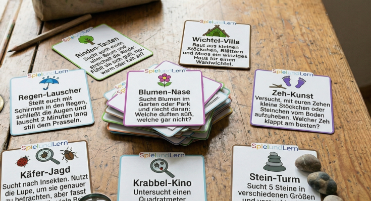 Auf einem Holztisch liegen verschiedene Lernkarten mit kreativen Spielideen für Kinder. Die Karten beinhalten Anleitungen für Aktivitäten wie "Regen-Lauscher", "Käfer-Jagd" und "Blumen-Nase". Neben den Karten befinden sich eine Lupe, Steine und Buntstifte, die die spielerische Erkundung der Natur fördern.