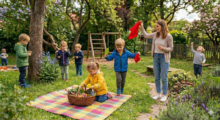 Eine Gruppe von Kindern spielt im Freien in einem Garten. Sie sammeln Blumen und Blätter, während eine Erwachsene, die mit einem roten Tuch winkt, sie anleitet. Im Hintergrund sind Spielgeräte und blühende Pflanzen sichtbar, die eine fröhliche und einladende Atmosphäre schaffen.
