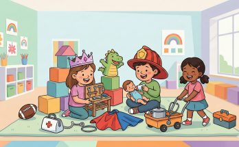 Eine Gruppe von Kindern spielt im Spielzimmer mit verschiedenen Spielzeugen. Ein Mädchen trägt eine Krone und spielt mit einem Werkzeugkasten, während ein Junge in Feuerwehrkleidung ein Baby mit einer Flasche füttert. Ein weiteres Mädchen schiebt einen Spielzeugwagen, und im Hintergrund sind bunte Bauklötze und ein Drachen sichtbar. Die Szene fördert kreatives Spielen und soziale Interaktion.