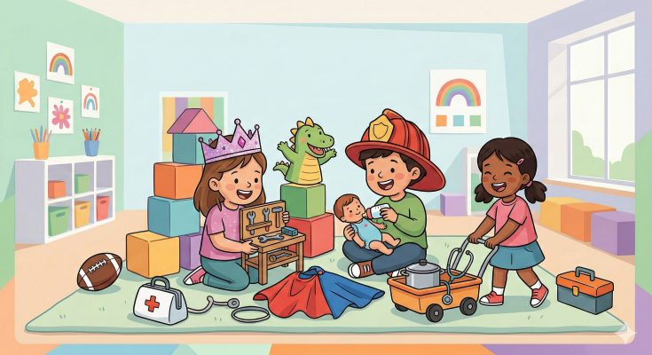 Eine Gruppe von Kindern spielt im Spielzimmer mit verschiedenen Spielzeugen. Ein Mädchen trägt eine Krone und spielt mit einem Werkzeugkasten, während ein Junge in Feuerwehrkleidung ein Baby mit einer Flasche füttert. Ein weiteres Mädchen schiebt einen Spielzeugwagen, und im Hintergrund sind bunte Bauklötze und ein Drachen sichtbar. Die Szene fördert kreatives Spielen und soziale Interaktion.