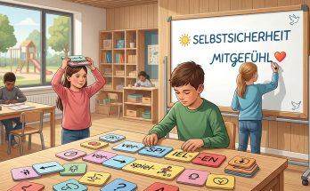 In einem hellen Klassenzimmer arbeiten Kinder an verschiedenen Lernaktivitäten. Ein Junge sortiert bunte Lernkarten auf einem Tisch, während ein Mädchen mit einer Karte auf dem Kopf spielt. Im Hintergrund schreibt ein weiteres Mädchen an einer Tafel, die die Wörter „Selbstsicherheit“ und „Mitgefühl“ zeigt. Das Bild vermittelt eine freundliche und lehrreiche Atmosphäre.