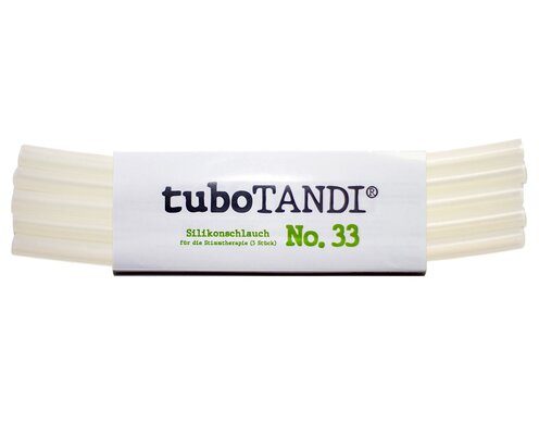 Silikonschlauch von tuboTANDI, Modell No. 33, ideal für die Verwendung in der Schlachten- und Grilltechnik. Die Verpackung zeigt mehrere transparente Schlauchstücke, die vielseitig einsetzbar sind.