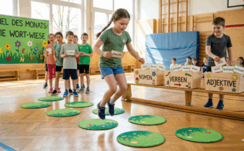 Kinder spielen in der Schule ein interaktives Wortspiel auf einer Wiese mit bunten Teppichen. Ein Mädchen springt von Teppich zu Teppich, während andere Kinder Wortkarten mit Nomen, Verben und Adjektiven halten. Im Hintergrund steht ein Plakat mit der Aufschrift "Spiel des Monats: Die Wort-Wiese".