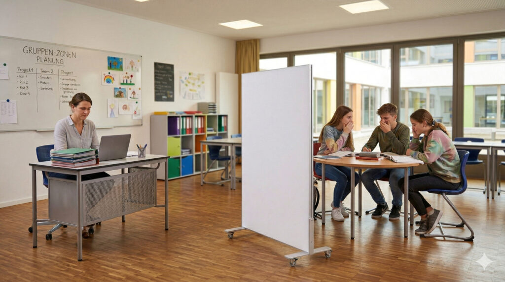 Eine Lehrerin sitzt an einem Schreibtisch und arbeitet am Laptop, während vier Schüler an einem Tisch gemeinsam lernen und diskutieren. Im Hintergrund sind Lernmaterialien und ein Whiteboard mit Projektplänen sichtbar. Der Raum ist hell und modern gestaltet.