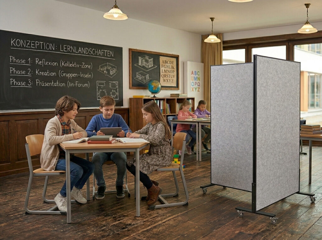 In einem modernen Klassenzimmer arbeiten Schüler in Gruppen an Tablets und Büchern. Im Hintergrund sind Lernphasen an der Tafel aufgeführt: Reflexion, Kreation und Präsentation. Der Raum ist hell und freundlich gestaltet, mit Regalen voller Bücher und einem Globus.