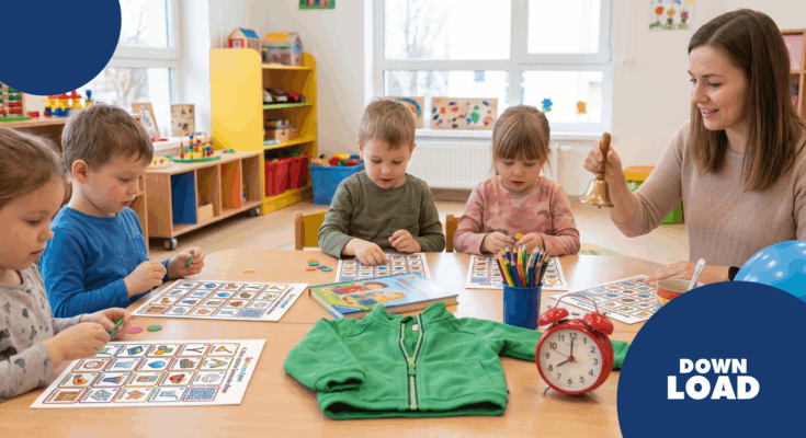 Eine Lehrerin interagiert mit Vorschulkindern in einem hellen Klassenraum. Die Kinder arbeiten an Lernblättern, während die Lehrerin mit einer Glocke Aufmerksamkeit erregt. Auf dem Tisch sind Buntstifte, Spielsteine und ein grüner Pullover sichtbar. Ein freundliches und kreatives Lernumfeld für junge Kinder.