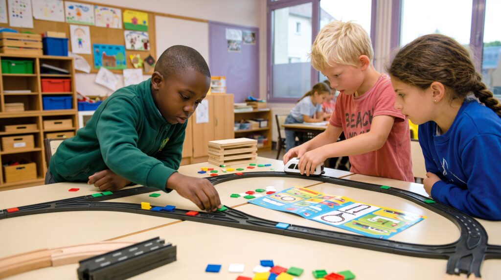 Drei Kinder spielen gemeinsam mit einer Modelleisenbahn und bunten Bausteinen auf einem Tisch in einem Klassenzimmer. Die Kinder konzentrieren sich auf den Aufbau der Strecke und das Platzieren der Elemente, während im Hintergrund weitere Kinder an ihren Tischen beschäftigt sind.