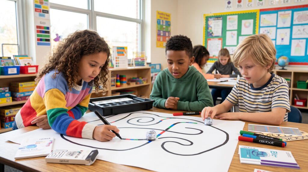 Drei Kinder arbeiten gemeinsam in einem Klassenzimmer an einem kreativen Projekt. Sie zeichnen mit Stiften Linien auf ein großes Blatt Papier, während sie kleine Roboter steuern. Um sie herum sind verschiedene Lernmaterialien und Spiele sichtbar, die eine anregende Lernumgebung schaffen.