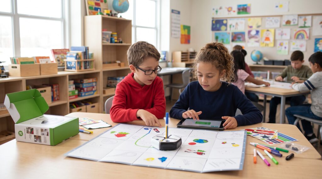 Zwei Kinder arbeiten gemeinsam an einem Tisch in einem Klassenzimmer. Der Junge mit Brille zeigt auf ein Blatt, während das Mädchen mit einem Tablet interagiert. Vor ihnen liegt ein interaktives Lernspielzeug und bunte Stifte. Im Hintergrund sind weitere Kinder und Lernmaterialien sichtbar.