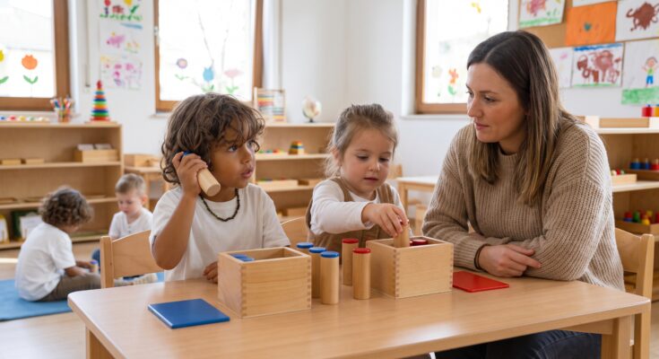 Kinder beim Spielen und Lernen in einem hellen Klassenzimmer. Ein Junge hält ein Spielzeugtelefon, während ein Mädchen mit Holzbausteinen in einer Kiste spielt. Eine Erwachsene beobachtet aufmerksam die Aktivitäten der Kinder. Hintergrund mit bunten Zeichnungen und Lernmaterialien.