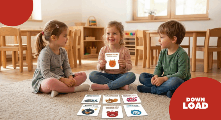 Drei Kinder sitzen auf einem Teppich in einem hellen Raum und spielen mit bunten Karten, die verschiedene Tiere darstellen. Eines der Kinder hält eine Karte mit dem Titel „Sonnen-Fuchs“ hoch und lächelt. Im Hintergrund sind Holzspielzeug und Stühle zu sehen, was eine freundliche Lernumgebung schafft.