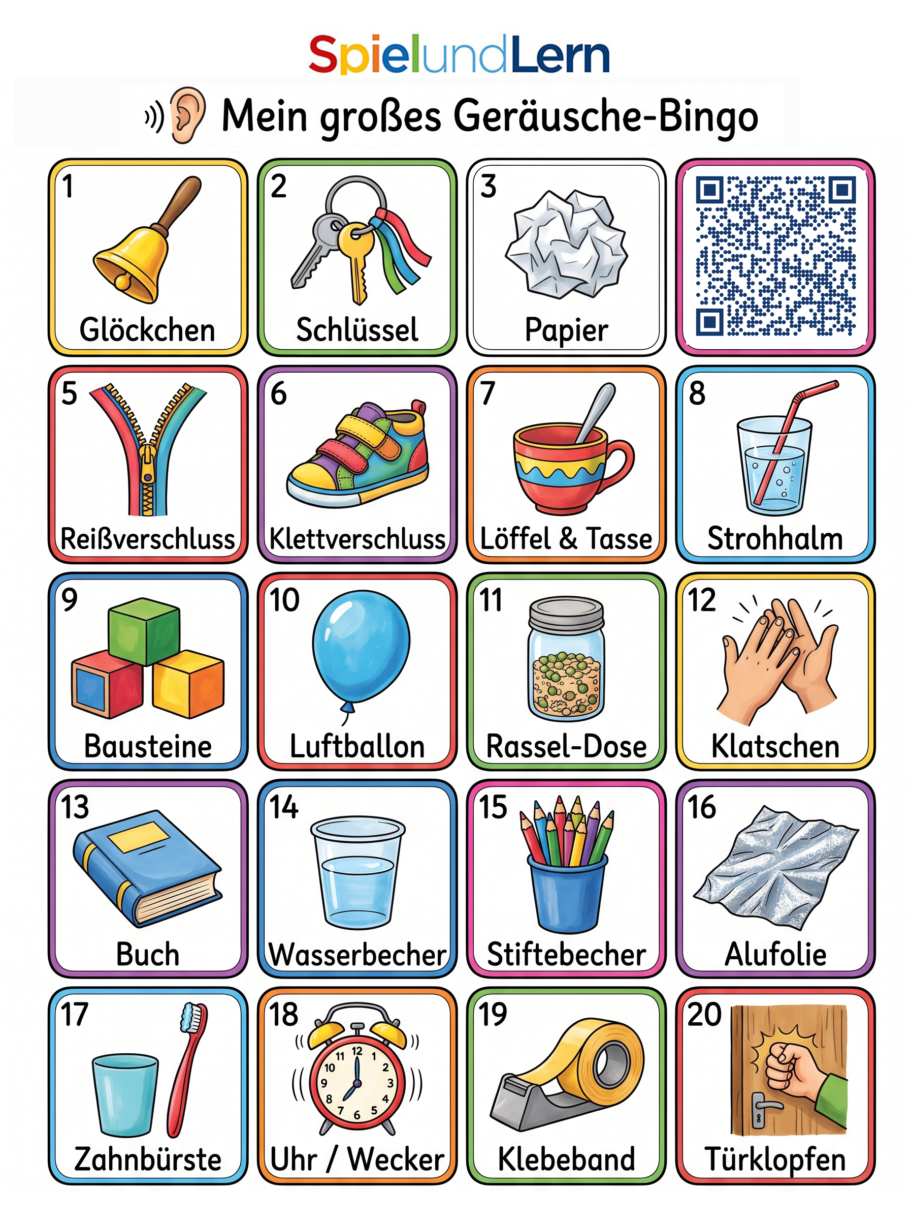 Bild eines Geräusche-Bingo-Spiels für Kinder, das verschiedene Alltagsgegenstände zeigt, die Geräusche erzeugen können. Die Illustrationen umfassen ein Glöckchen, Schlüssel, Papier, Bausteine, und weitere Gegenstände, die zur Förderung des Hörens und der Sprachentwicklung genutzt werden.