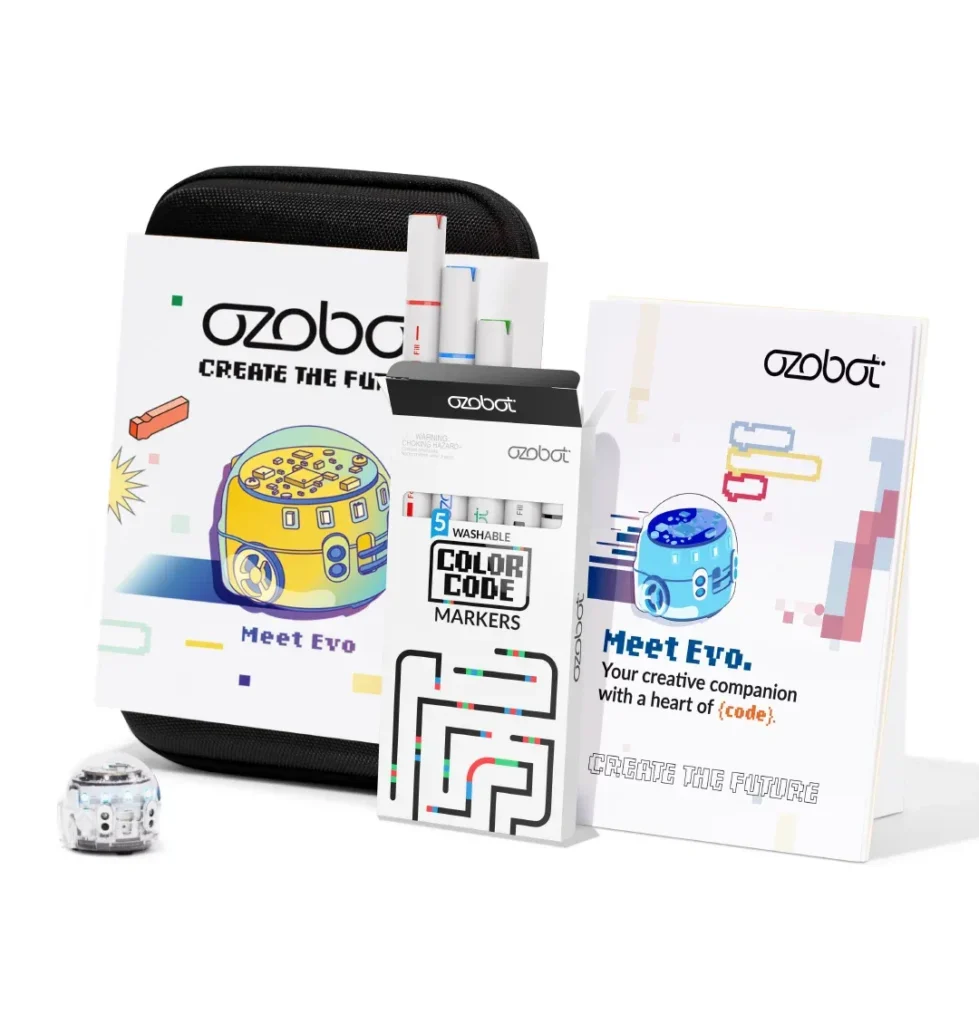 Bild eines Ozobot Evo Sets, das einen programmierbaren Roboter, eine Verpackung mit farbcodierten Markern und ein Begleitbuch zeigt. Ideal für kreative Lern- und Programmiererfahrungen.