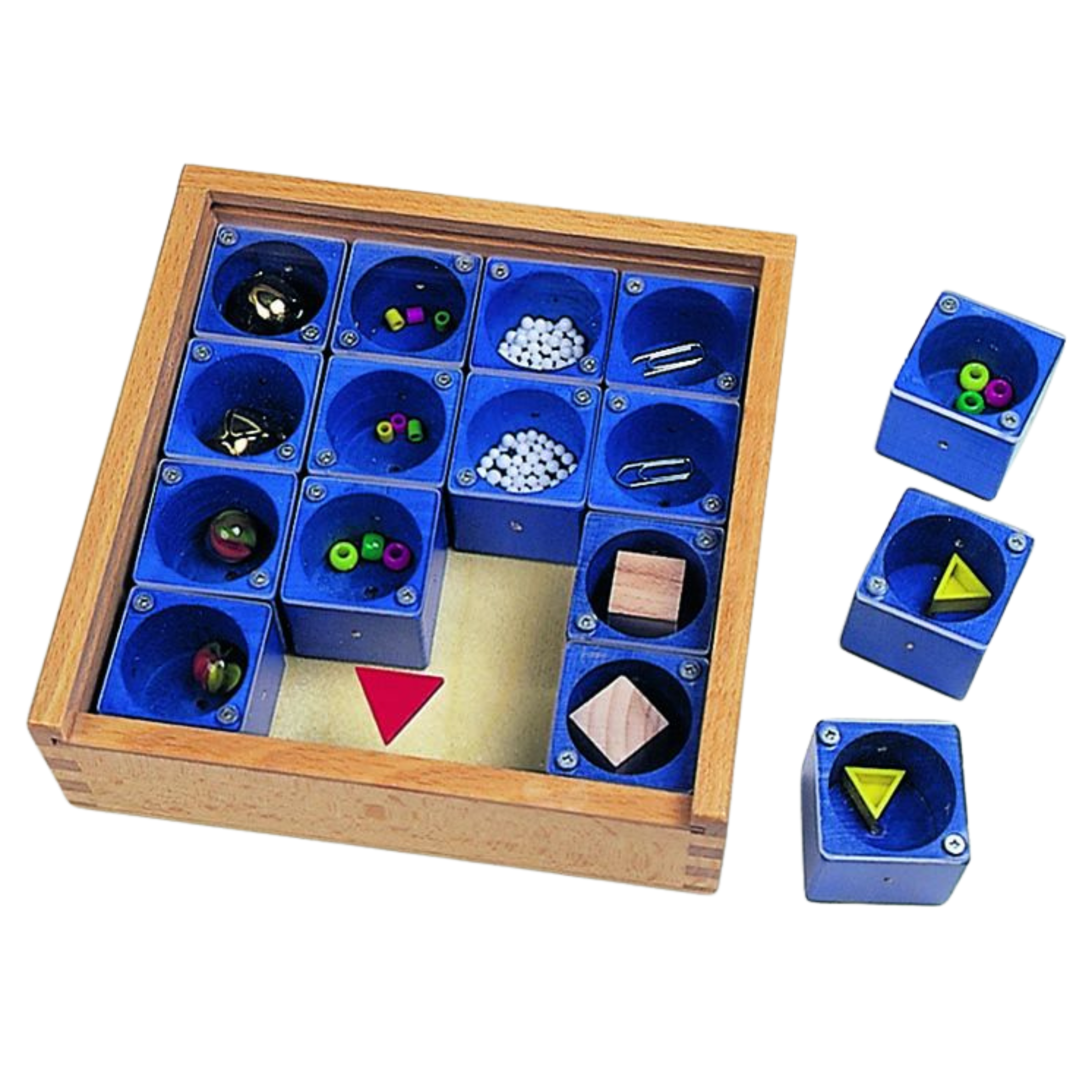 Spielzeug zur Förderung der motorischen Fähigkeiten mit bunten Formen und Materialien in einem Holzrahmen. Enthält verschiedene geometrische Figuren und Objekte zur visuellen und taktilen Stimulation. Ideal für Kinder zur spielerischen Entwicklung von Farben und Formen.