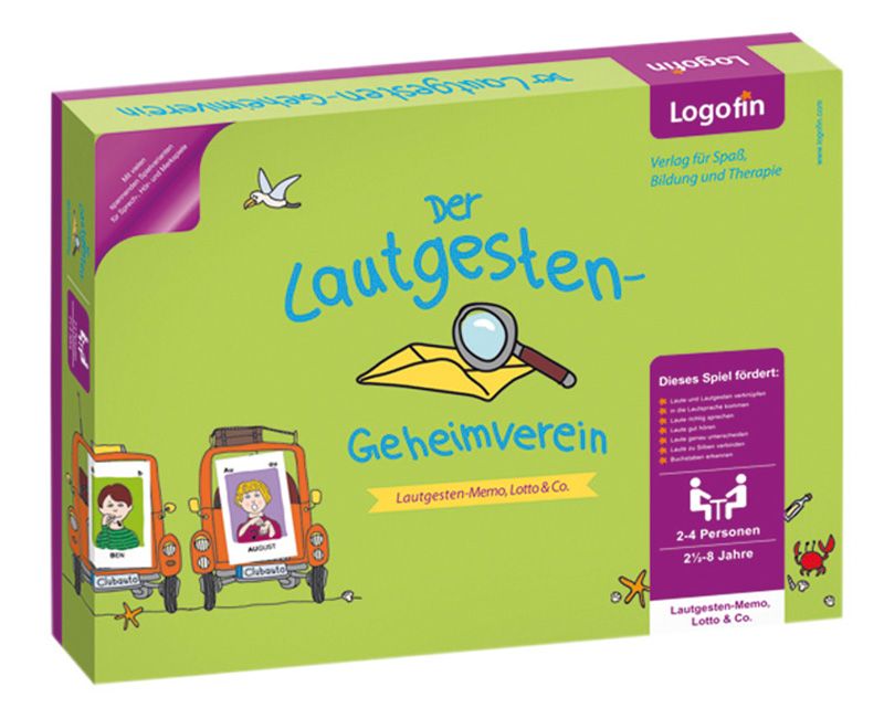 Spielverpackung des Lautgesten-Geheimvereins von Logofin, das für 2-4 Personen ab 2,5 Jahren geeignet ist. Das Spiel fördert die Sprachentwicklung und bietet Spaß durch Lautgesten-Memo und Lotto.